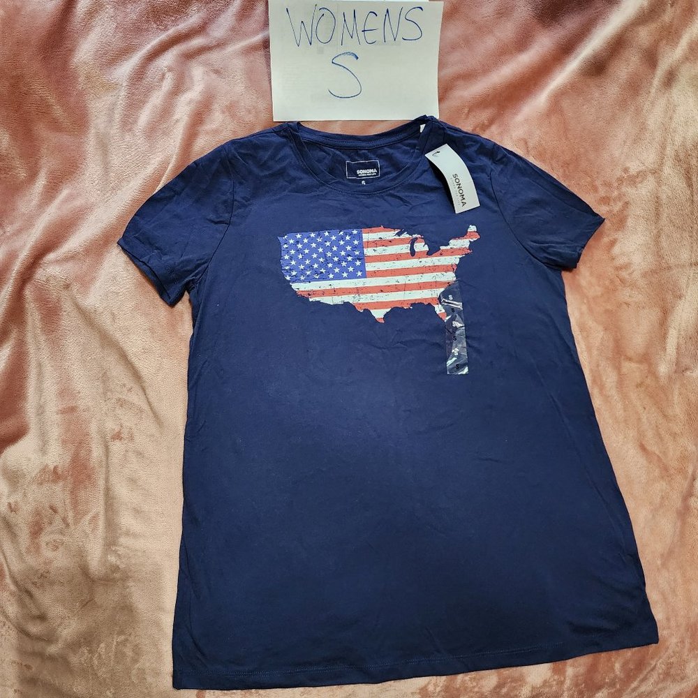 Womens S United States of America Continental Map Flag Navy Blue Graphic Tee NWT